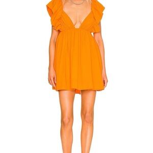 For Love & Lemons Orange Ruffle V-Neck Mini Dress